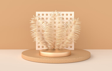 3d rendered studio with geometric shapes, podium on the floor. Platforms for product presentation, mock up background. Abstract composition in minimal design, tropic palm leaves