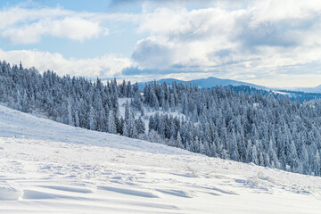 Panoramic view from mountain Zakhar Berkut, Carpathian mountains, Ukraine. Horizontal outdoors shot