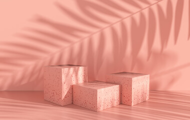 3d rendered studio with geometric shapes, podium on the floor. Platforms for product presentation, mock up background. Abstract composition in minimal design, tropic palm leaves shadow
