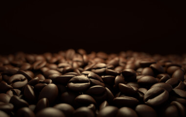 Dark freshly roasted coffee beans 3d rendering background. Top view. Masses of coffee beans close up.