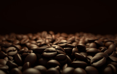 Dark freshly roasted coffee beans 3d rendering background. Top view. Masses of coffee beans close up.