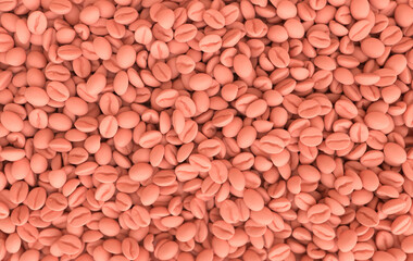 Pink coffee beans 3d rendering background. Masses of coffee beans close up. Top view