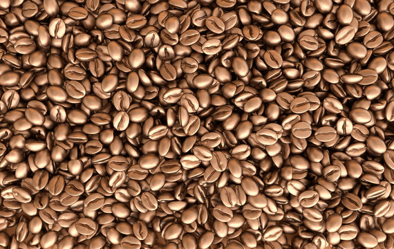 Golden coffee beans 3d rendering background. Masses of coffee beans close up. Top view