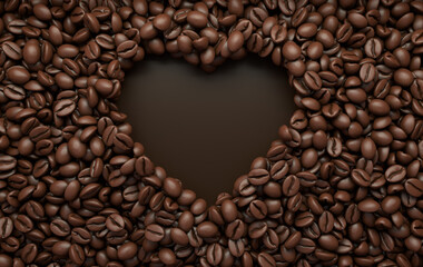 Fresh roasted coffee beans heart frame 3d rendering background. Masses of coffee beans close up. Top view