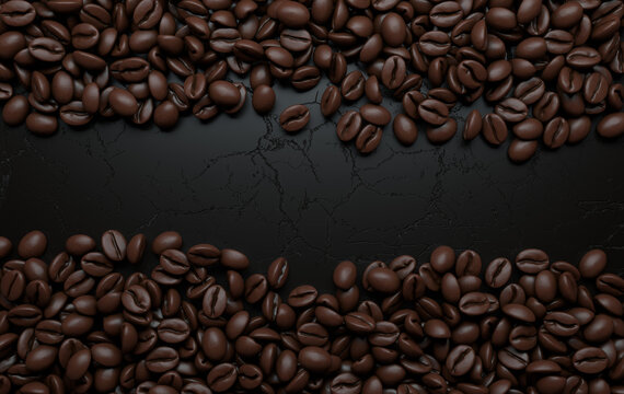 Fresh roasted coffee beans frame 3d rendering background. Masses of coffee beans close up. Top view © Meranna