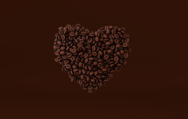Coffee heart made of realistic coffee beans 3d rendering