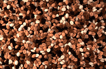 Colorful coffee beans 3d rendering background. Masses of coffee beans close up. Top view