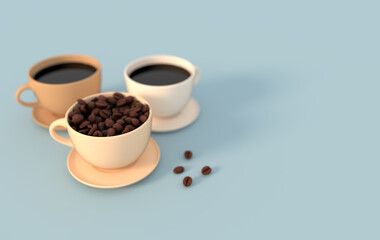 Cup of coffee and realistic coffee beans, 3d rendering background. Masses of coffee beans close up.