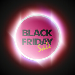 Black Friday Sale ad round banner. Letter Black Friday Sale circle poster. Advertising Design illustration. Radiance Black Friday Sale lettering banner. Seasonal holidays discounts shine promo offer