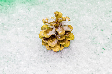 Golden cone covered with snow.New Year and Christmas concept
