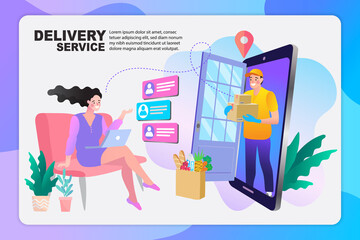 Delivery concept. Man Delivering Online with Grocery order from smart phone. Shopping on social networks through phone flat design style. Vector illustration.