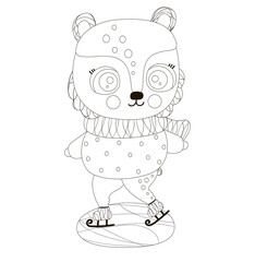 A black and white cute little teddy bear is skating on ice. Outdoor recreation. Christmas isolated baby coloring illustration. Winter cartoon theme. Vector.