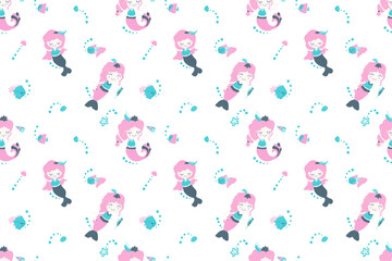 Fototapeta na wymiar Seamless pattern of cute pretty good girls mermaids with bubbles, seashells and fish. Cartoon endless texture on a white background. For nursery interior and baby shower. Scandinavian style. Vector.