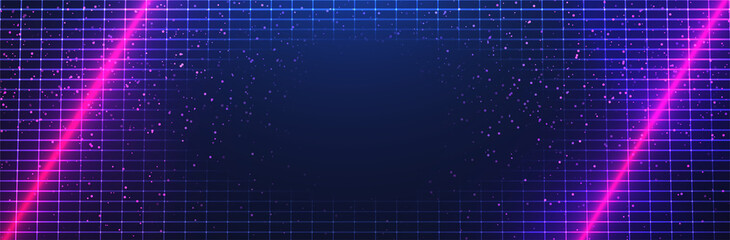 Synthwave grid. 80s pink neon. Retro futuristic background. Dark sky with stars. Empty vector template - obrazy, fototapety, plakaty