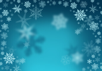 Snow background. Blue Christmas snowfall with defocused flakes and swirls. Winter concept with falling snow. Holiday texture and white snowflakes.