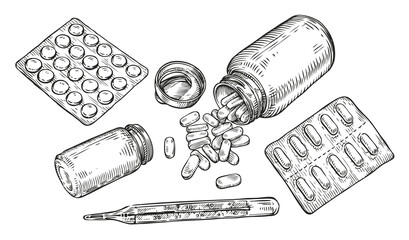 Pills and tablets sketch. Drug, medicine concept vector