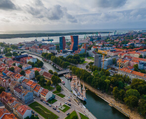 Fototapeta premium Aerial view of Klaipeda city center and port in horizon