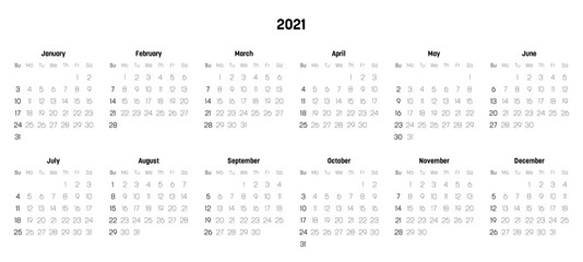 Monthly calendar of year 2021