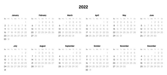 Monthly calendar of year 2022
