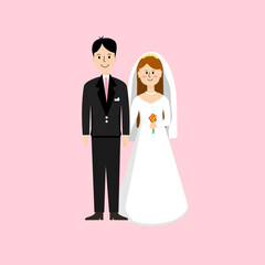 The bride held the groom's hand and held a bouquet of flowers on pink background. Flat design vector.