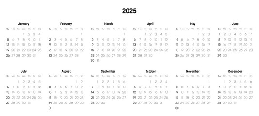 Monthly calendar of year 2025