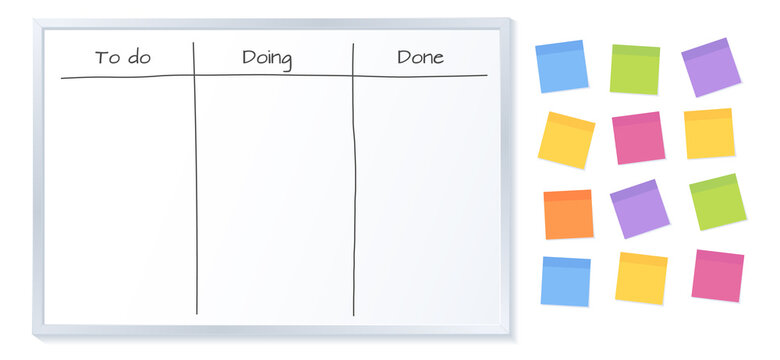 Kanban board with blank sticky note papers for writing task. Agile project management, tasks planning and to do list.