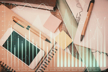 Multi exposure of forex graph hologram over desktop with phone. Top view. Mobile trade platform...