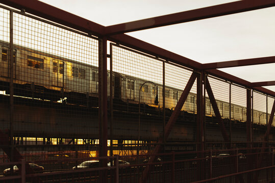 Brooklyn subway train at sunset
