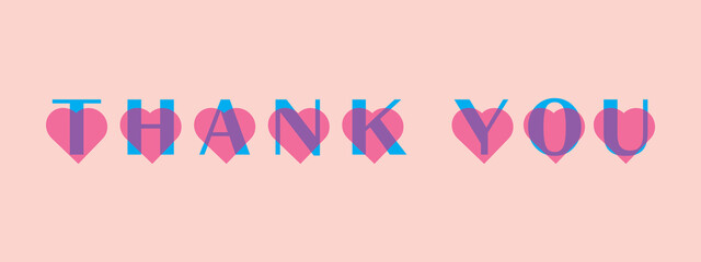 Thank you gift greeting card, Blue Text on Pink Heart isolated on pink background. Flat Vector Illustration Design Template Element for Greeting Cards.