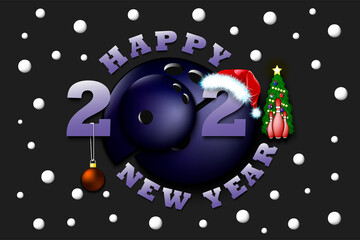 Happy new year 2021 and bowling ball with Christmas ball, skittles and hat. Creative design pattern for greeting card, banner, poster, flyer, party invitation, calendar. Vector illustration