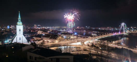 New Year Celebration. Fireworks on Danube River in Bratislava, Slovakia.