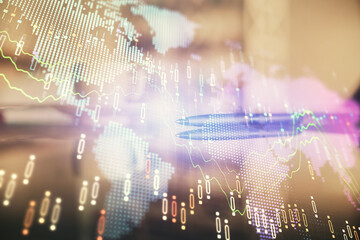 Double exposure of forex chart over coffee cup background in office. Concept of financial analysis and success.