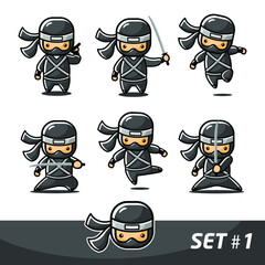Cartoon little black ninja set 1 with six different actions stand and use sword