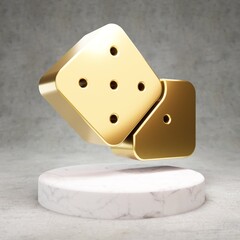 Dice icon. Shiny golden Dice symbol on white marble podium.