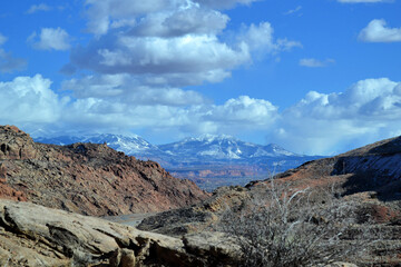 Naklejka na ściany i meble Landscape with La Sal Mountains in the background, Arches National Park, Moab, Utah
