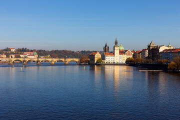 Fototapeta na wymiar Colorful autumn Prague Old Town above River Vltava, Czech Republic