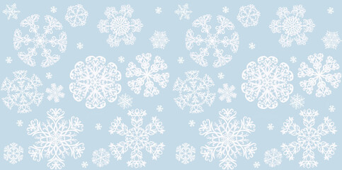 Christmas background in blue with white hand drawn snowflakes. .Winter snow background. Raster texture. Christmas  holiday theme. Winter  design for decor, print, website. Illustration.  Banner.
