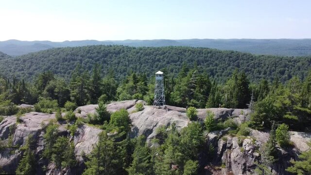Aerial scenic view of fire observation tower at Bald Mountain Adirondacks state park