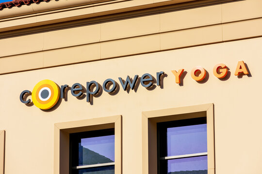 CorePower Yoga Sign At The Entrance Privately Held Chain Location Of Yoga Studio - Santa Clara, California, USA - 2020