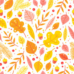 Autumn/fall season seamless pattern background with various tree leaves, acorns and berries.