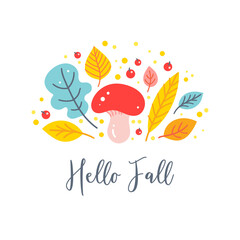 Hello Autumn greeting card template design with leaves, mushroom and berries.