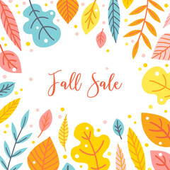 Fototapeta na wymiar Autumn/fall sale frame background design with colorful leaves and text.