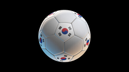 Soccer ball with the flag of South Korea on black background. 3D Rendering