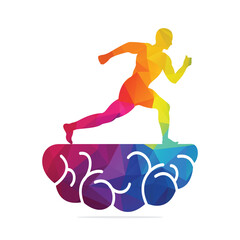 Brain Runner Logo Vector Design.  Athlete Runs on Brain vector Template Design.