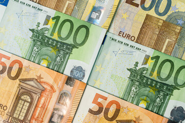 Close up on euro money banknotes business finance and currency concept top view
