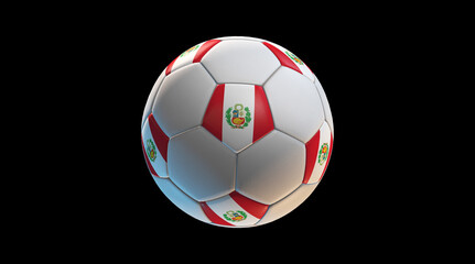 Soccer ball with the flag of Peru on black background. 3D Rendering