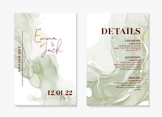 Wedding Invitation sage green boho rustic style modern save the date template. Watercolor liquid flow, abstract painting vector. Elegant  mint background  invite thank you, rsvp modern card Design