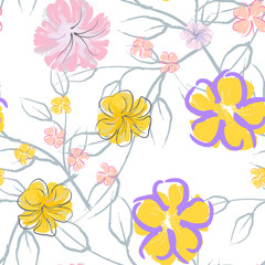 Pink Flowers Blooming Pattern. Pastel Watercolor.