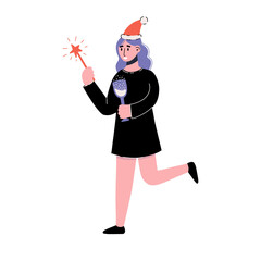 Young woman holding glass of champagne. Vector illustration.