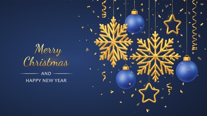 Christmas blue background with hanging shining golden snowflakes, 3D metallic stars and balls. Merry christmas greeting card. Holiday Xmas and New Year poster, web banner. Vector Illustration.